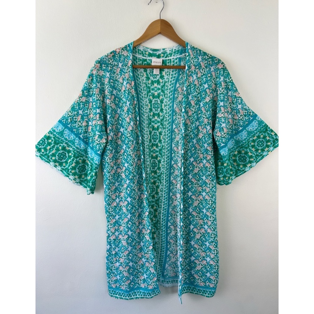 Chicos “Soft Tile Stripe” Open Front Turquoise Open Front Cardigan Size 0